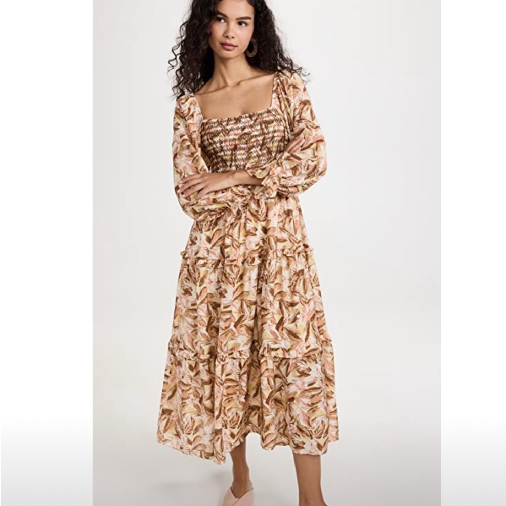 Moon River Floral Long Sleeve Dress in Cream and Brown